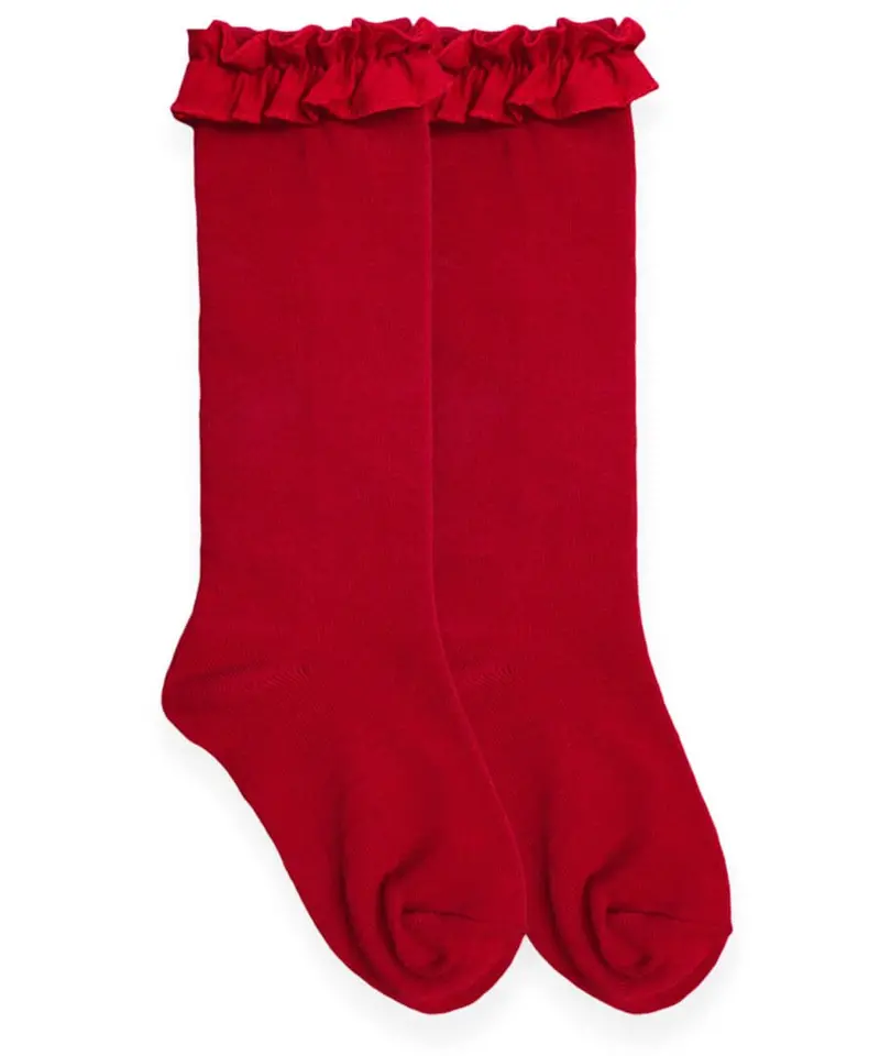 Vibrant Red Ruffle-Trimmed Knee-High Socks 1