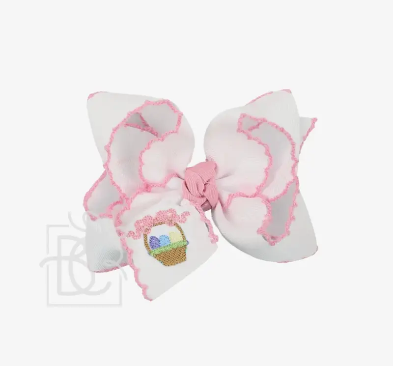 White Easter Basket Hair Bow With Light Pink Crochet Edge – 4.5 Inches 1