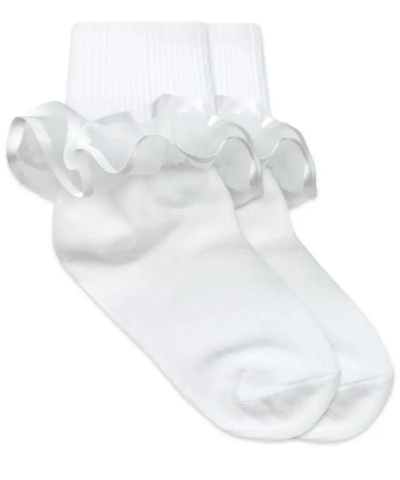 White Frilly Ruffle-Lace Turn-Cuff Ankle Socks 1
