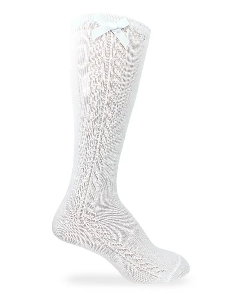 White Pointelle Knit Knee Socks With Bow Detail 1