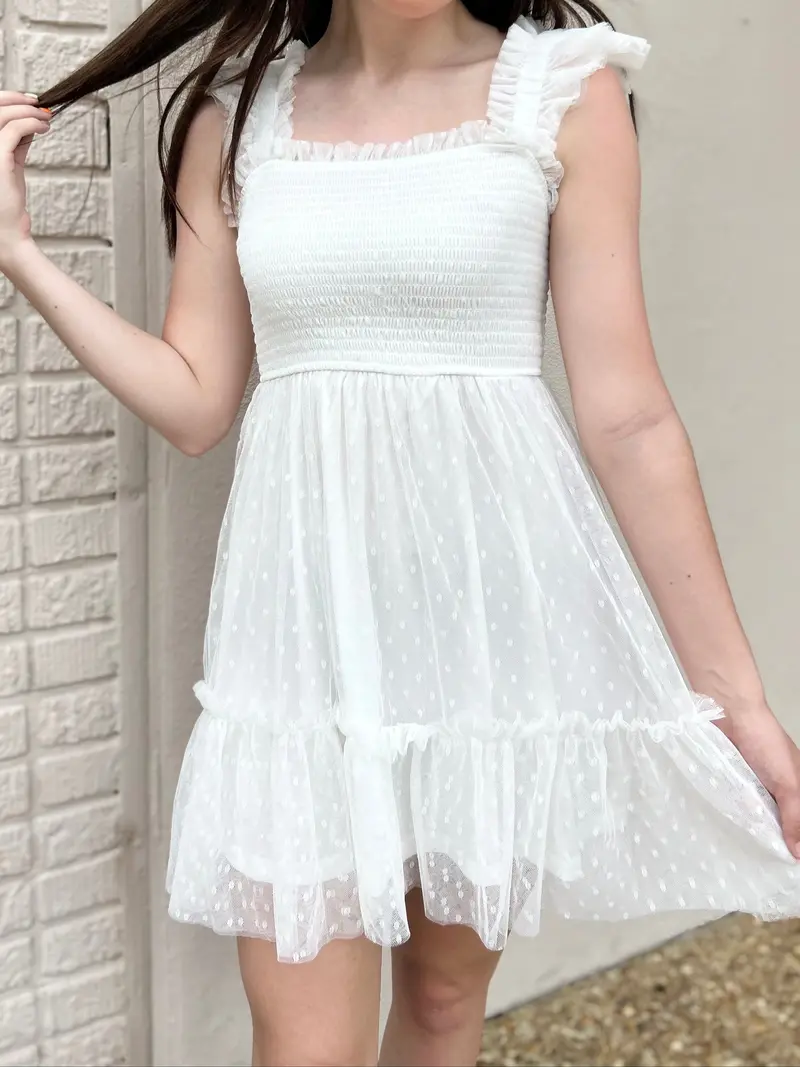 White Polka Dot Chiffon Mini Dress – Smocked Waist & Ruffle Trim 1