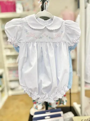 White Scallop-Edge Girl Bubble Romper With Floral Embroidery 1