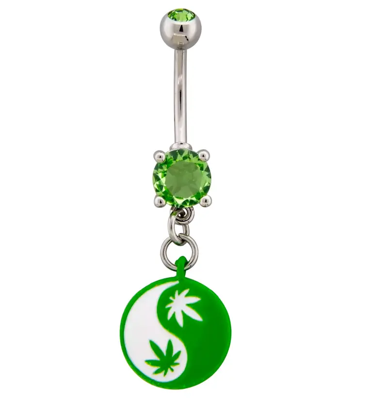 Yin Yang And Hemp Leaf Belly Button Ring – Green Cz Stainless Steel Design 1
